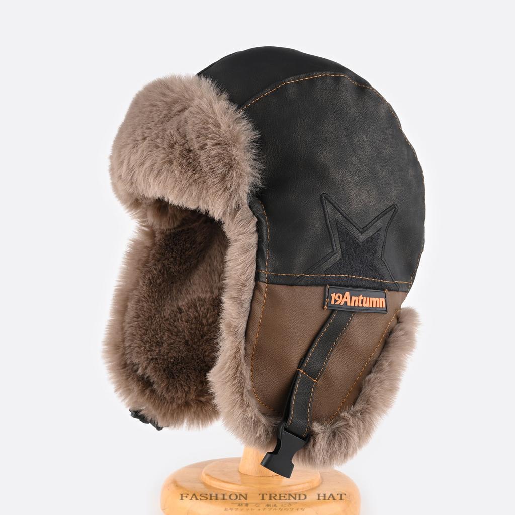 Leather Hat Men's and Women's Winter Velvet Thickened Warm Ear Protection Hat Outdoor Cycling Cold Snow Hat