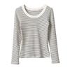 Pure Cotton T-shirt Women's Long-sleeved Striped Base Shirt In Autumn New Round Neck Slim and Versatile Top