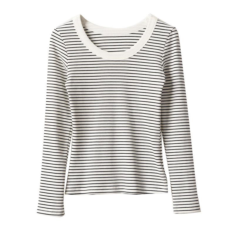 Pure Cotton T-shirt Women's Long-sleeved Striped Base Shirt In Autumn New Round Neck Slim and Versatile Top
