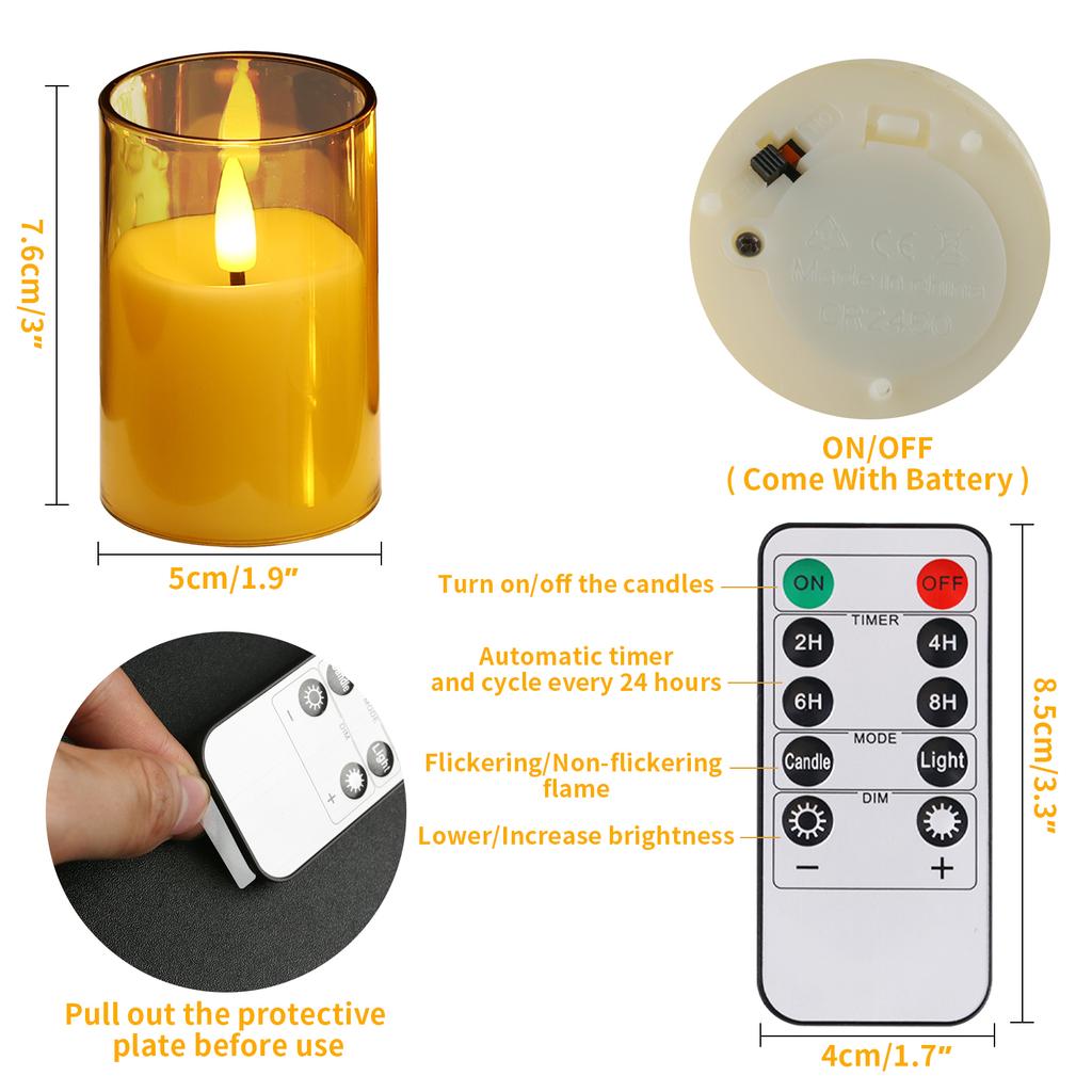 Set of 6/12 Acrylic Flameless Flickering LED Candles with Remote & Timer 3D Wick Pillar Electronic Candles for Wedding Christmas
