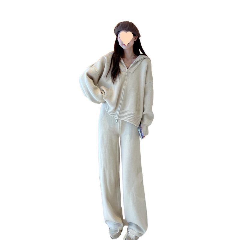 Wind Zipper Knitted Suit Women's Autumn and Winter New Style Thick Loose Casual Wide-leg Pants Two-piece Suit