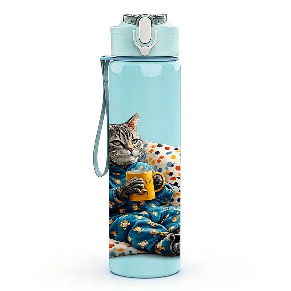 1PC Cat Colorful Patchwork Pillow Print 750ml Color Plastic Sports Water Bottle Leakproof Flip Straw Lid Suitable for Sports Office Home Use