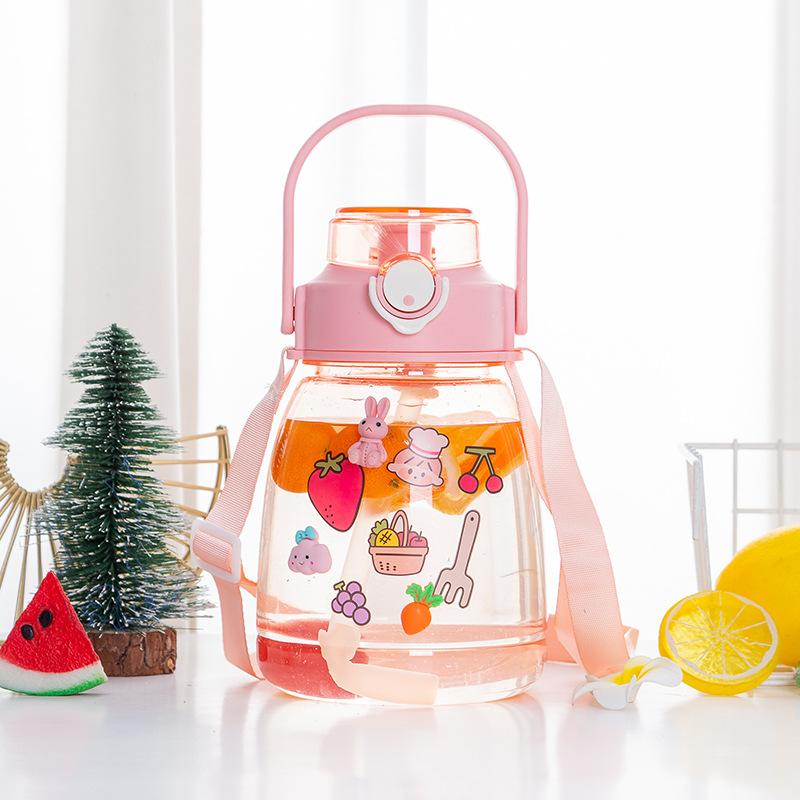 Water Bottleins Large Capacity Plastic Cup with Lifting Rope Crossbody Straw Cup Transparent Bounce Cover Big Belly Cup