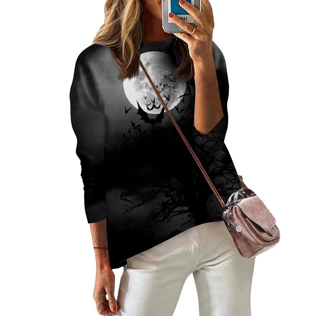 Damen T-Shirt Bedruckt Langarm Alltagsmode Wochenende Überschnittene Schulter Rundhals Top Bluse