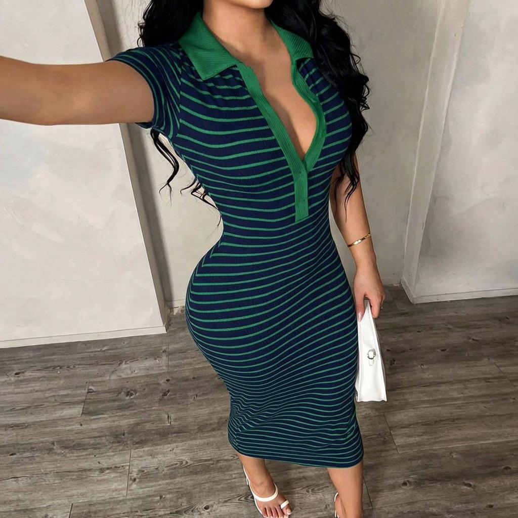 Women's New Polo Collar Striped Slim Fit Bodycon Midi Dress Short Sleeve Casual Stretch Fabric