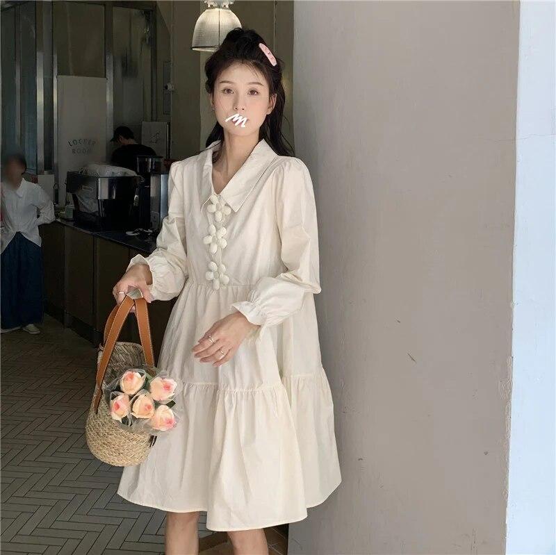 Dresses Women 3D Flower Y2k Autumn Hotsweet Korean Style Simple Long Sleeve High Street All-match Temperament Knee-length Daily