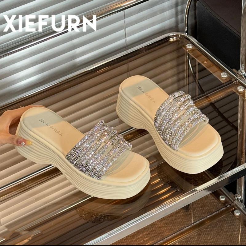 Slope heel rhinestone thick-soled one-word slippers summer new outer wear with skirt open-toed cool slippers