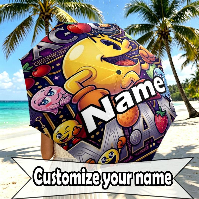 Custom Name Personalized PAC MAN Print Umbrella, Auto Open Close, 8‑Rib Sturdy Frame, Commute Camping Hiking Use, Birthday Gift