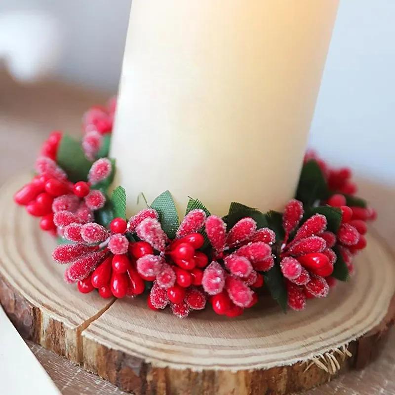Ornaments Christmas Candlestick Garland Simulated Red Berry Candle Holder Xmas Wreath for Home New Year Party Dining Table Decor
