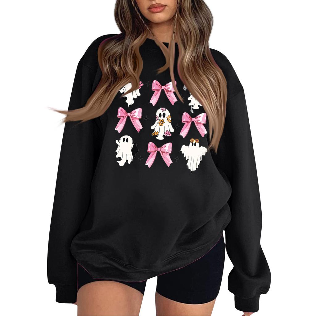 Sweat à capuche à manches longues et col rond pour femme, mode Halloween, petit imprimé