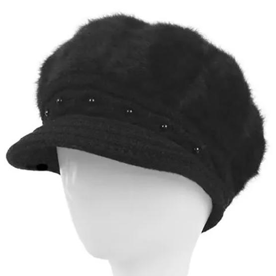 WTEMPO Winter Rabbit Hair Blend Hats Women Winter Large Caps with Pearls Solid Color Warm Plush Thick Knitted Hats