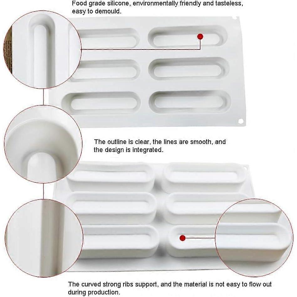 Eclair Silicone Mold for Baking Mousse Cake, French Dessert, Pastry, Chocolate, Ice Cream, Cake Decoration Mold, 3D Concave Eclair Shape (6-Cavity)