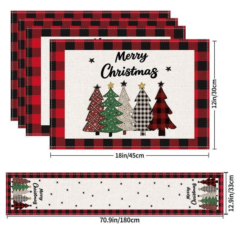 5Pcs Christmas Buffalo Plaid Placemats And Table Runner Set Cute Snowman Print Heat Resistant For Christmas Decoration