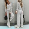 Women Casual Loose Long Sleeve V Neck Knit Two Piece Top Wide Leg Pants Set Autumn Winter