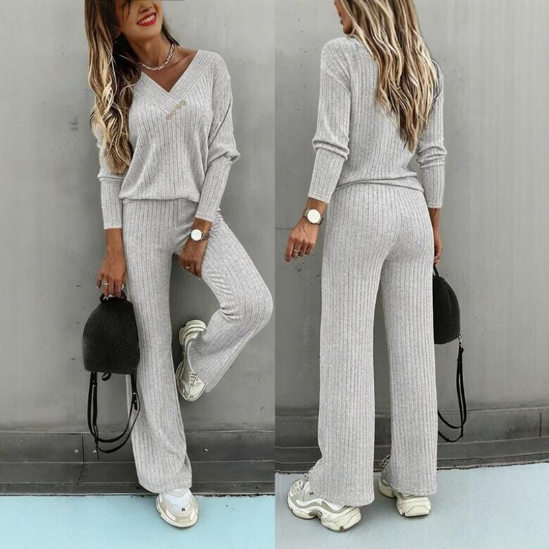 Women Casual Loose Long Sleeve V Neck Knit Two Piece Top Wide Leg Pants Set Autumn Winter