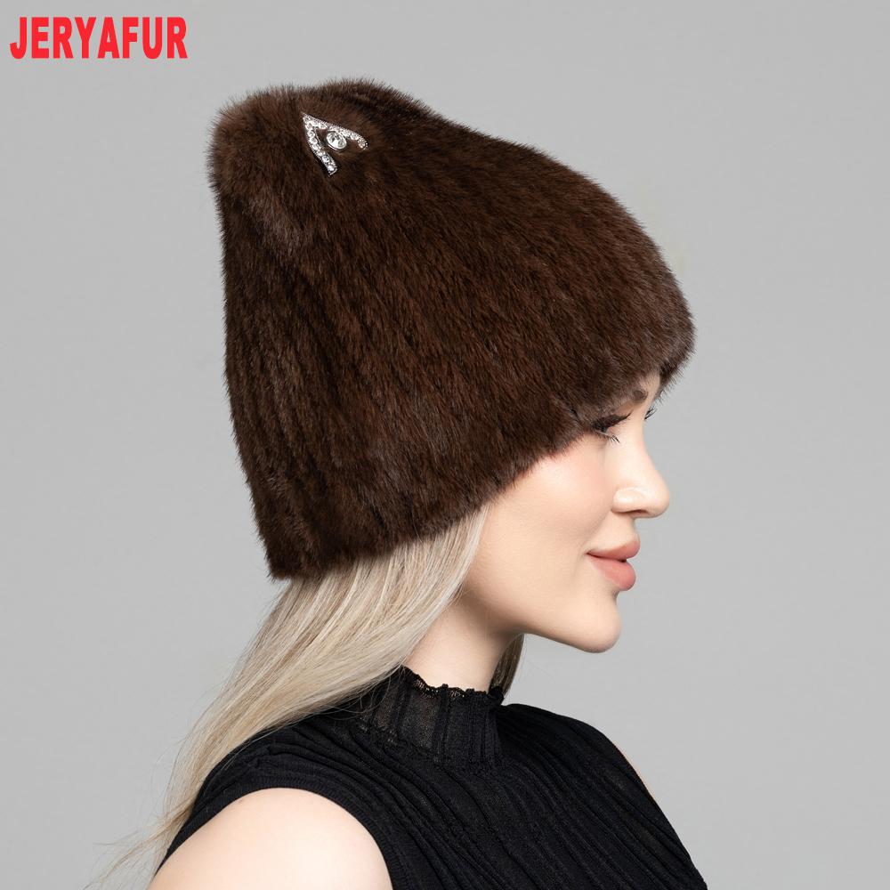 JERYAFUR Women Faux Fur Cat Ear Winter Hat, Cute Rhinestone Decor Fluffy Warm Fashion Ladies Cap for Cold Weather