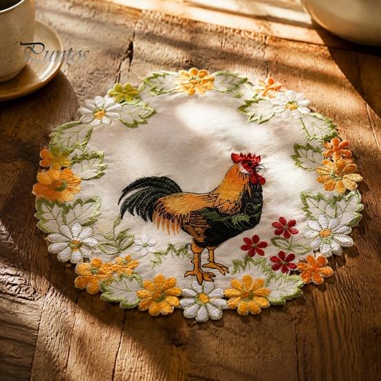 Afternoon Tea Table Settings Pastoral Rooster Embroidered Placemat, Decorative Lace Floral Pattern Round Placemats Mat, Polyester Vintage Mat