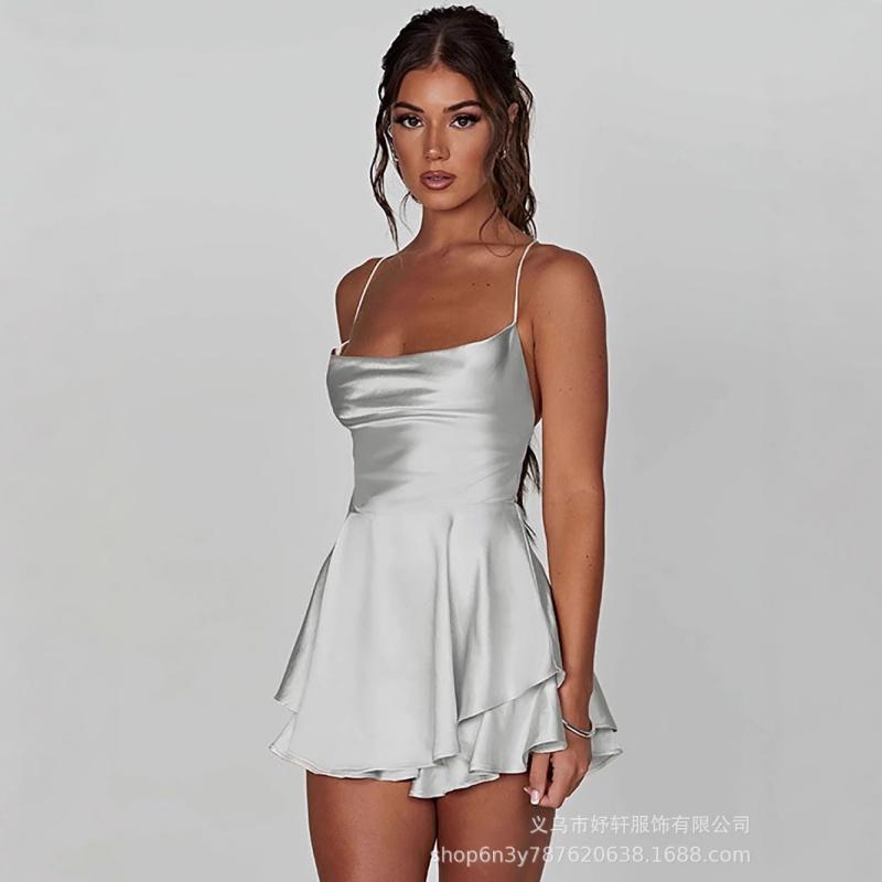 Satin Seide Damen Sexy Cami Playsuits Kleid Solide Wasserfallausschnitt Ärmellos Kurze Jumpsuits Sommer Kreuz Binden Rückenfrei Strampler