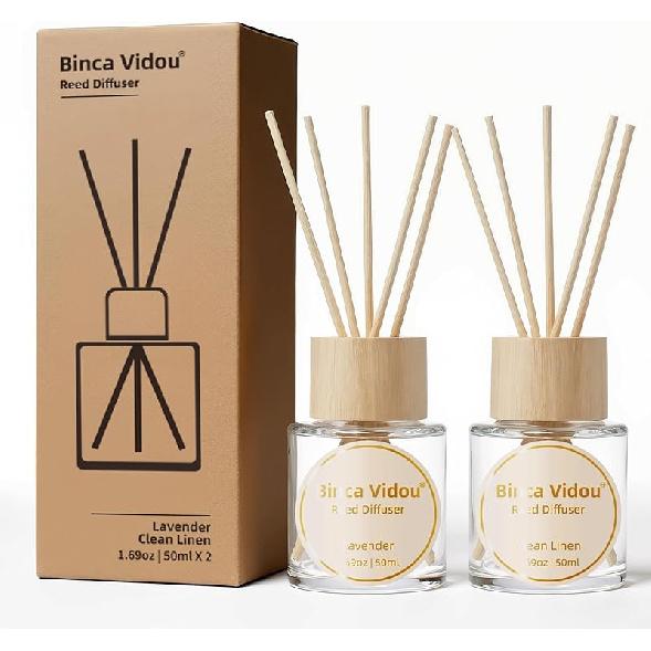 Reed Diffuser Set, Binca Vidou Lavender & Vanilla Natural Scent Oil Diffusers with Sticks for Home Office Bathroom Aromatherapy Decor 1.69oz x 2 Lavender & Linen