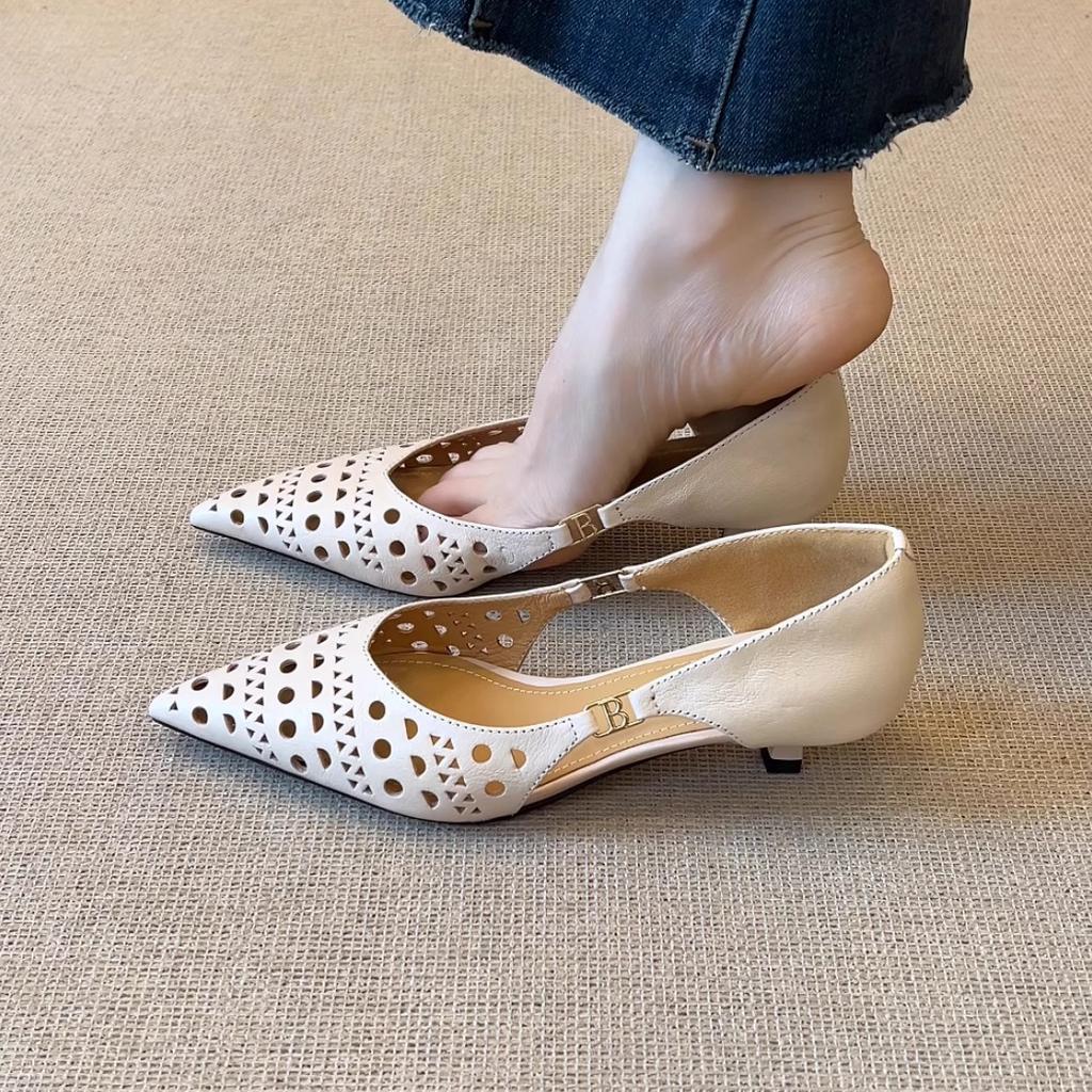 French beautiful hollow breathable hole sandals women's 2025 new temperament pointed head shallow mouth thin heel bag head single shoes