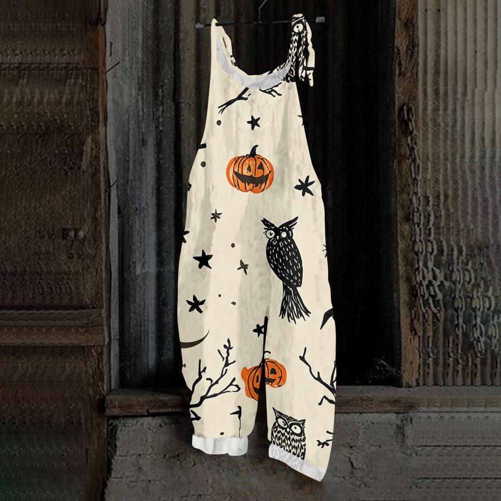 Women Halloween Printed Loose Casual Vintage Style Linen Blend Overalls Adjustable Strap Wide Leg Jumpsuit