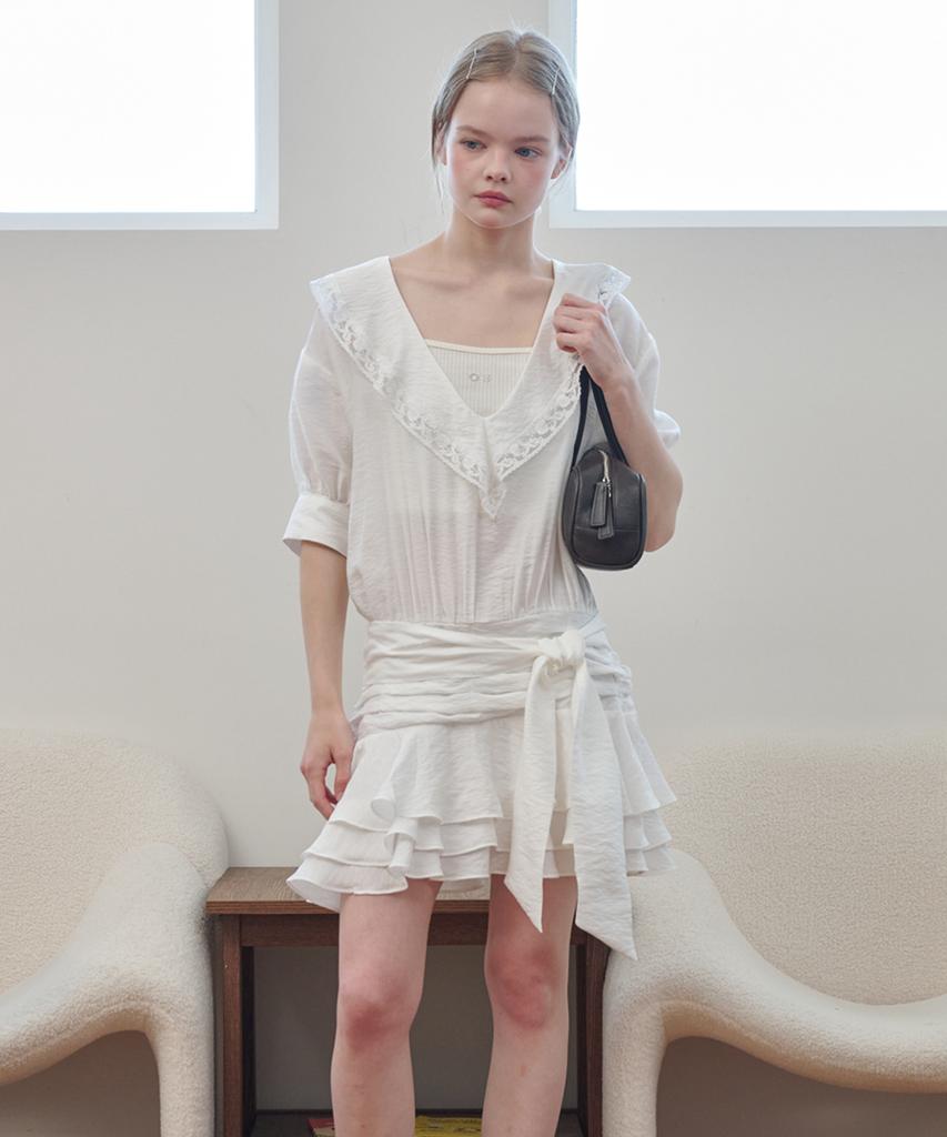 Opening Sunshine V-Neck Lace Collar Tiered Mini Dress Ivory