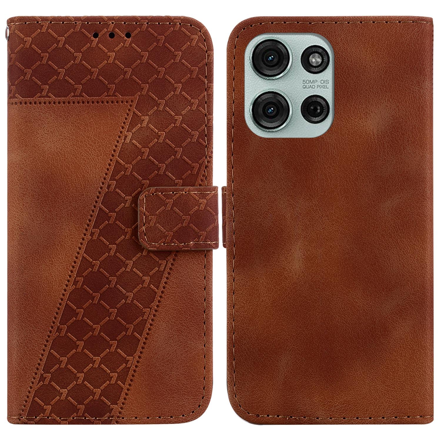 

For Motorola Moto G75 5G Stand Case 7-Shaped Pattern Imprint Leather Phone Cover Brown