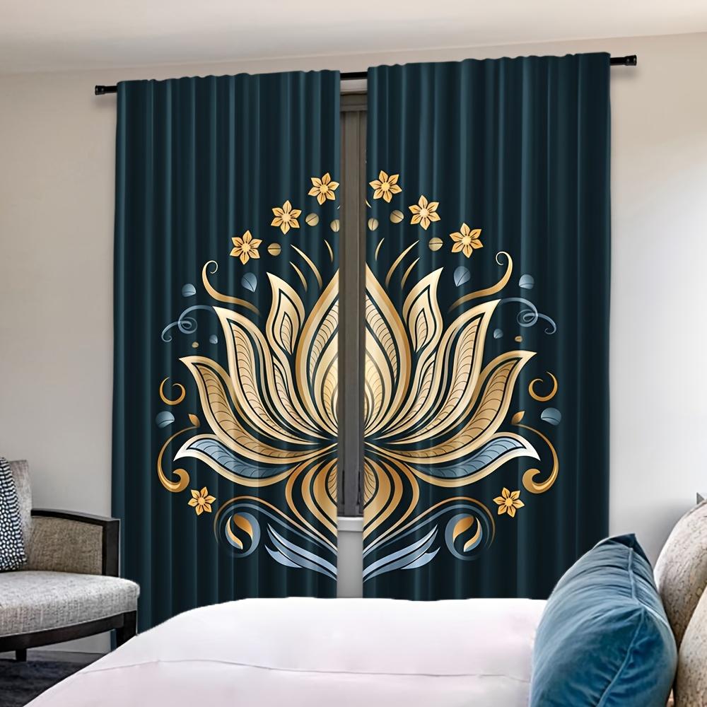Light Filtering Exotic Black Golden Floral Polyester Curtains Style Decorative Semi Curtain Set Of 2 Contemporary Made With Rod Pocket Washable
