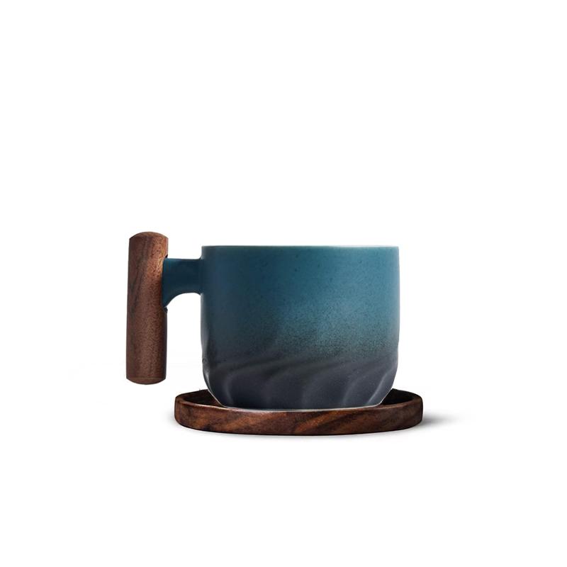 130ml Ceramic Coffee Mug With Wooden Handle Heat-resistant Kungfu Teacup With Coaster Kungfulatte Cappuccino Espresso Cup