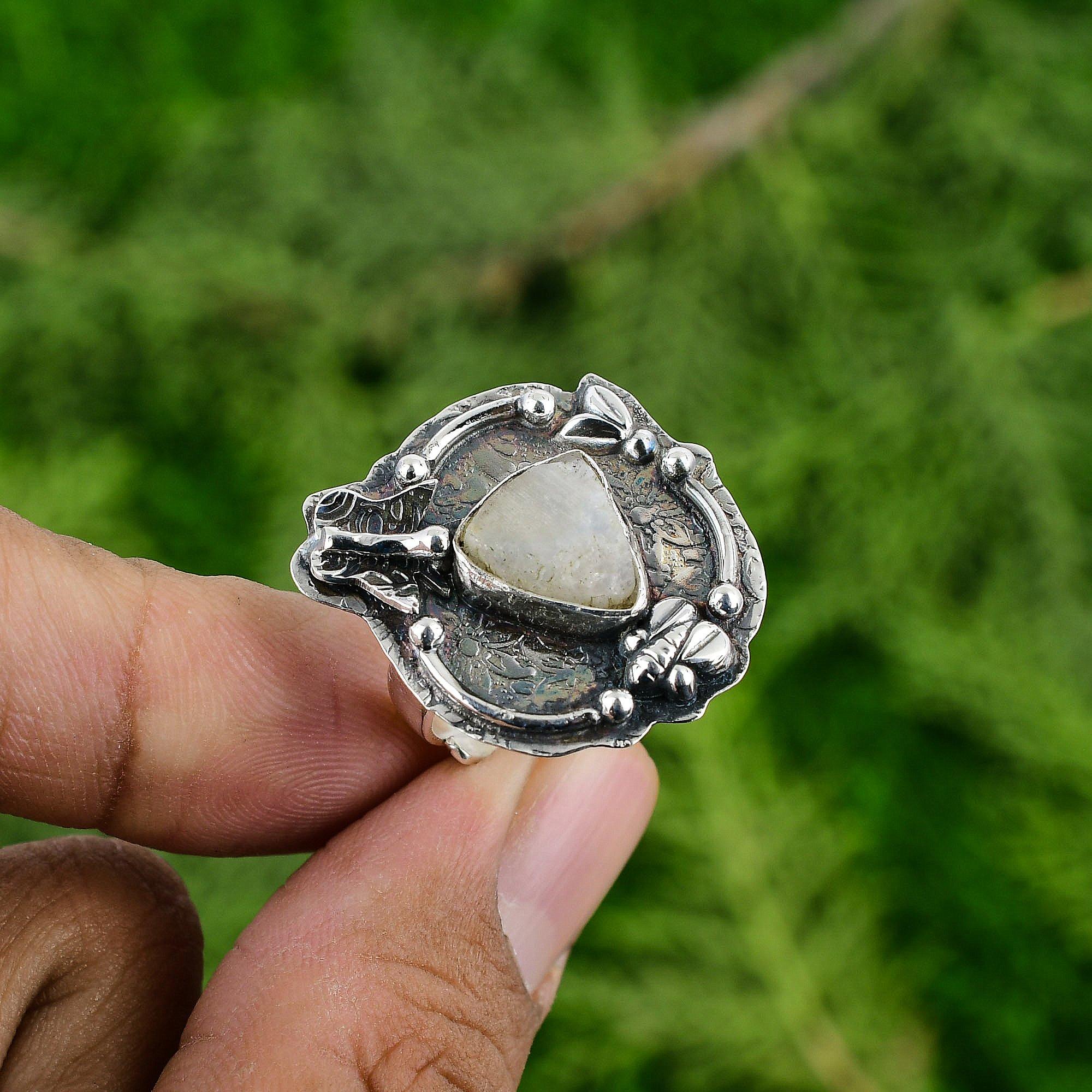 

Серебряное кольцо 925 пробы с натуральным радужным лунным камнем, необработанный солитер, кольцо-заявление чакры короны Adjustable