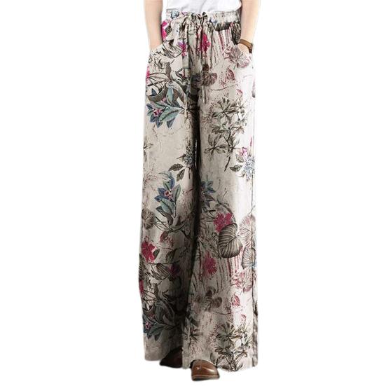 

Elastic Waistband High Waist Slant Pockets Woman Pants Retro Flower Print Wide Leg Pants Female Clothing M фіолетовий