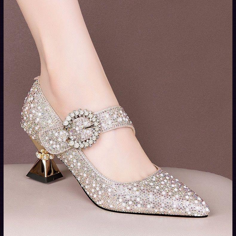 2025 Women's Chunky Heel Pointed Toe High Heels with Pearl Rhinestone Buckle