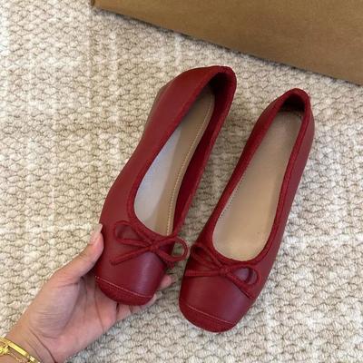 2025 Small Inner Height Increase Square Head Red Flat Single Shoes Women's Spring New Bow Ballet Style Retro Bean