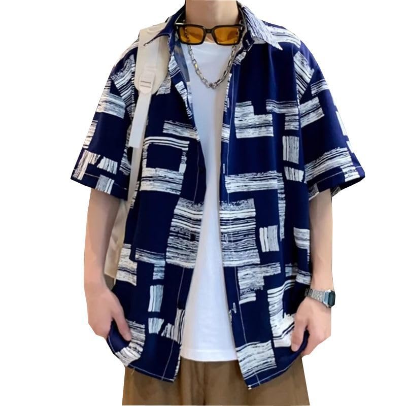 

FJLTDCP Striped Short Loose Plus Dress Shirt Men s Shirt, Sleeve, Casual, Business, Fit, Stylish, Sizes, - Blue-XL