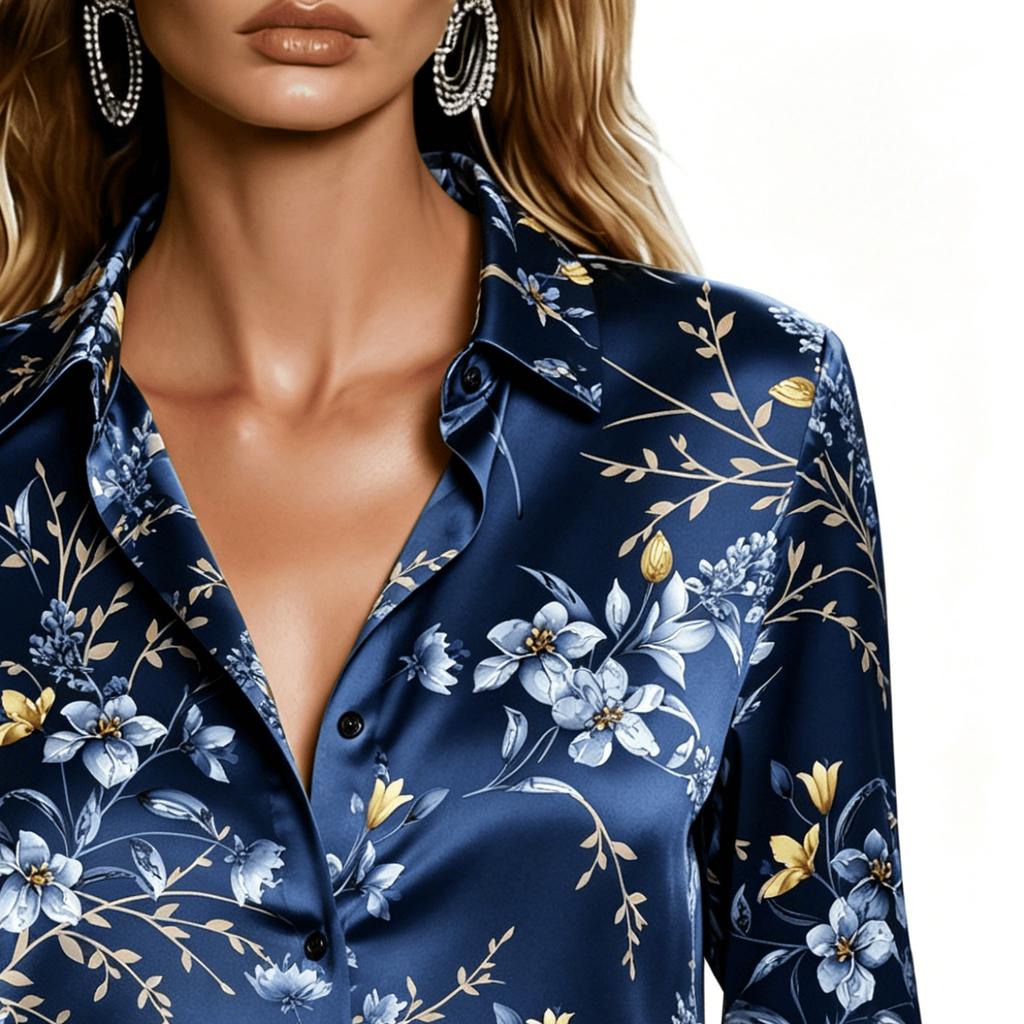 Lady's Elegant Long-sleeved Floral-patterned Shirt, Suitable for Office and Formal Occasions - Machine Washable Top