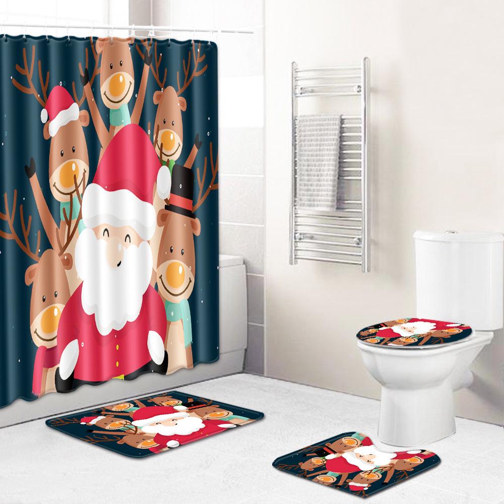 Christmas Shower Curtain Four-Piece Toilet Floor Mat Non-Slip Doormat Water Absorption And Dust-Proof Carpet