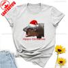Moo Deng Pygmy Hippopotamus Christmas Hat Graphic Tshirt High Quality Cotton Crewneck Tops Tee Shirt Short Unisex Casual Style