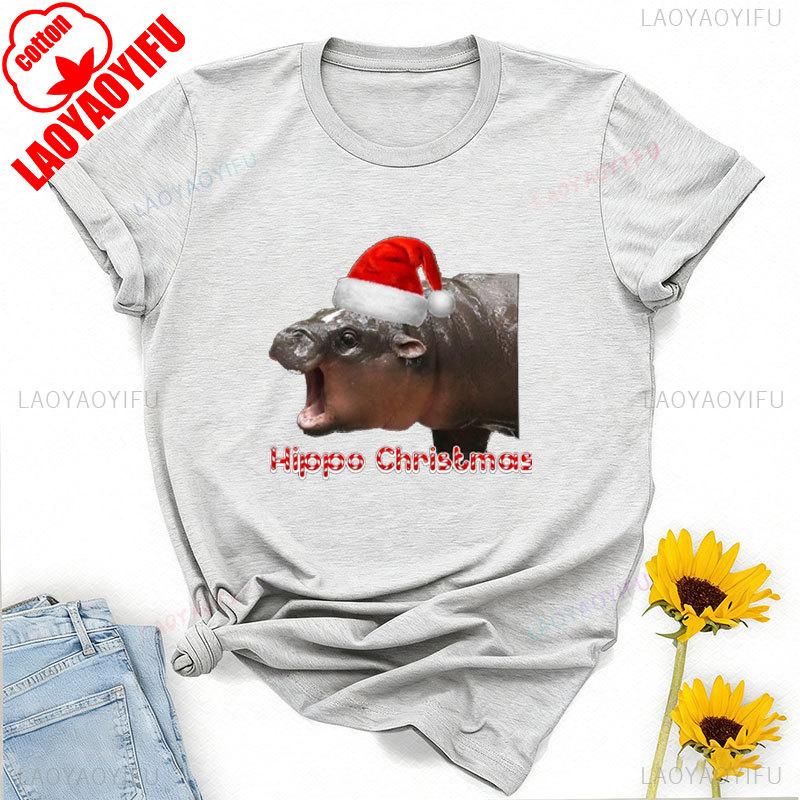 Moo Deng Pygmy Hippopotamus Christmas Hat Graphic Tshirt High Quality Cotton Crewneck Tops Tee Shirt Short Unisex Casual Style