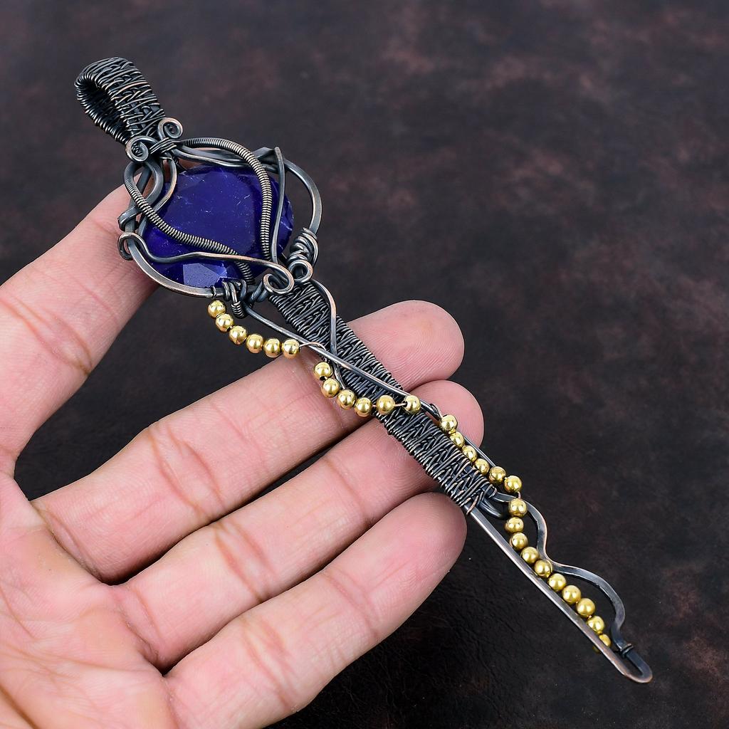Faceted Blue Sapphire Pendant Copper Wire Wrapped Pendant Handmade Gemstone Pendant Wire Wrapped Jewelry Key Pendant Copper Jewelry For Gift