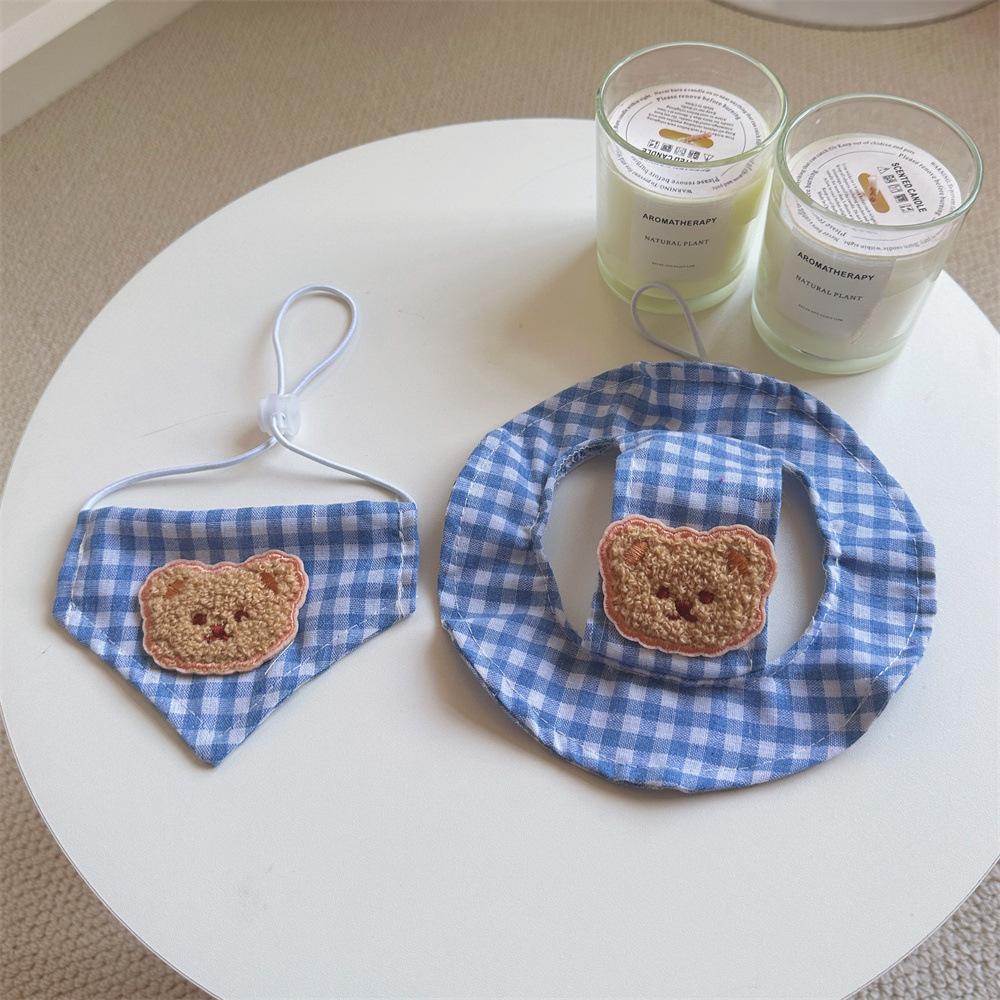Plaid Bear Print Pet Hat And Triangular Bib Set For Cats And Dogs