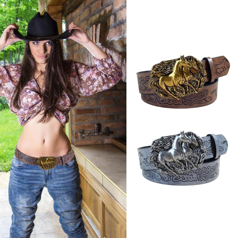 Waist Belt Punk Chain for Cowboy Cowgirl Carved Horse Buckle Retro Floral Buckle Waist Chain Belt