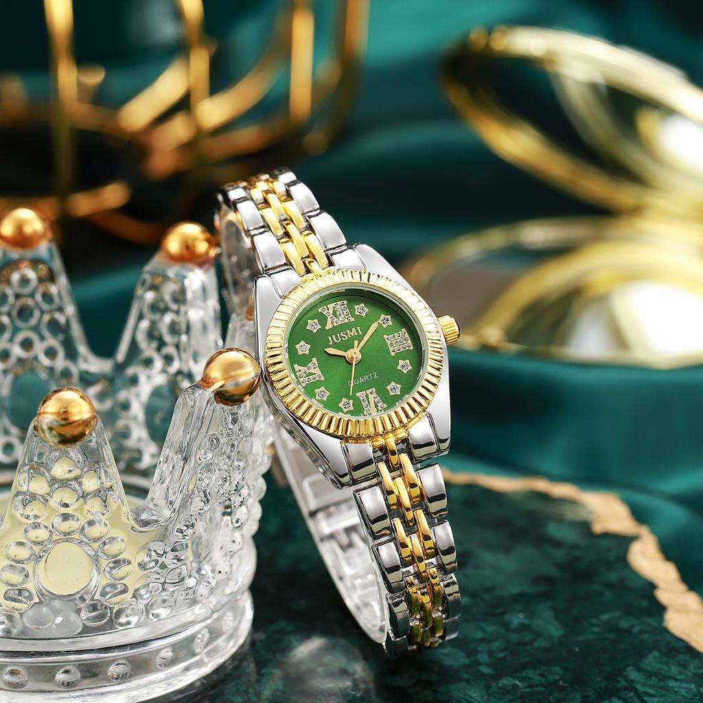 Ladies' New Round Large Dial Steel Strap Quartz Watch Fashion Emerald Hand Chain Necklace Ring Earrings Temperament Versatile Ho