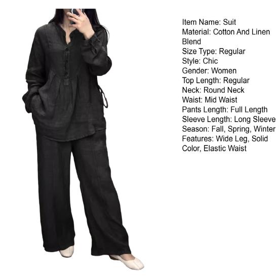 2 Pcs/Set Women Top Pants Suit Solid Color Long Sleeves Half-open Round Neck Top Elastic Waist Straight Wide Leg Trousers Sport Fitness Outfit Fall