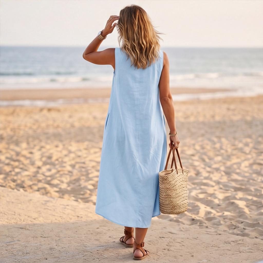 Women Sleeveless Casual Linen Cotton Blend Dress Loose Fit Button Down High Low Hem Midi Dress with Pockets for Summer Beachwear