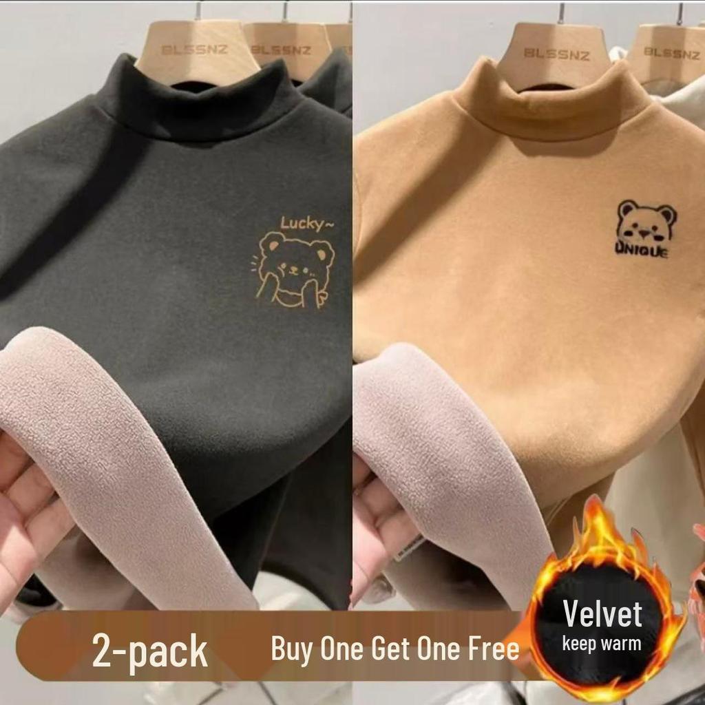 2025 Winter Kids' Plush Velvet Base Layer Half-High Collar T-Shirt for Boys & Girls