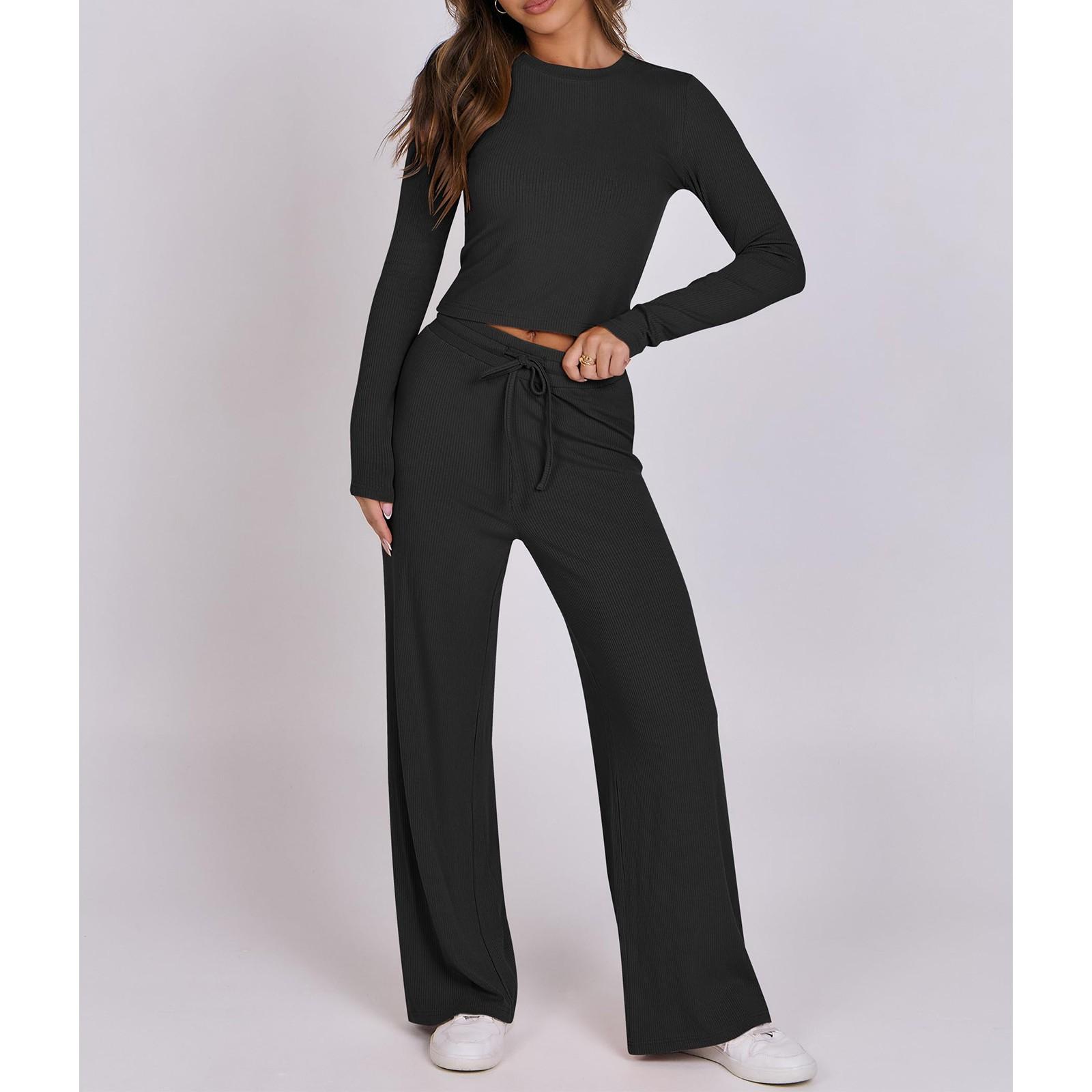 

Женская мода, однотонный топ без рукавов с круглым вырезом, повседневные брюки, комплект M чёрный