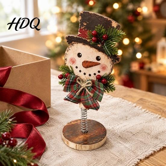 Vintage Christmas Room Decor Retro Wooden Ornaments Gingerbread Man/Reindeer/Snowman Figurine with Spring Base Nodding Elk Xmas Desktop Decorations