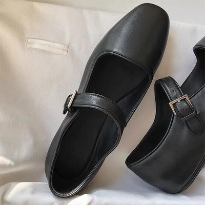 Retro Leather Square Head Mary Jane One-word Buckle Literary Style Versatile Flat-soled Single Shoes Ballet Shoes Women