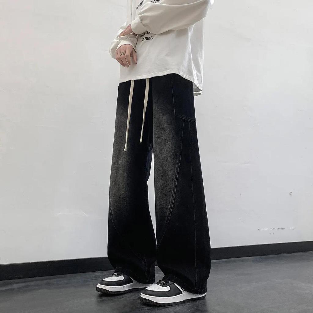 Baggy Jeans Solid Color Washing Summer Men Trousers Loose Wide Leg Casual Straight Moustache Effect Male Bottoms