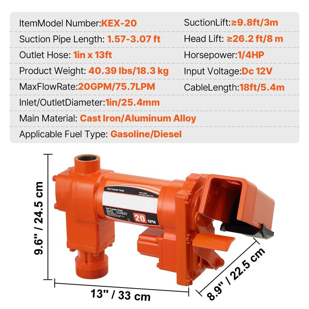 Fuel Transfer Pump, 12V DC 20 GPM 1/4 HP, Gasoline Extractor Pump with Automatic Nozzle, Discharge Hose & Suction Pipe for Gasoline, Diesel, Kerosene,